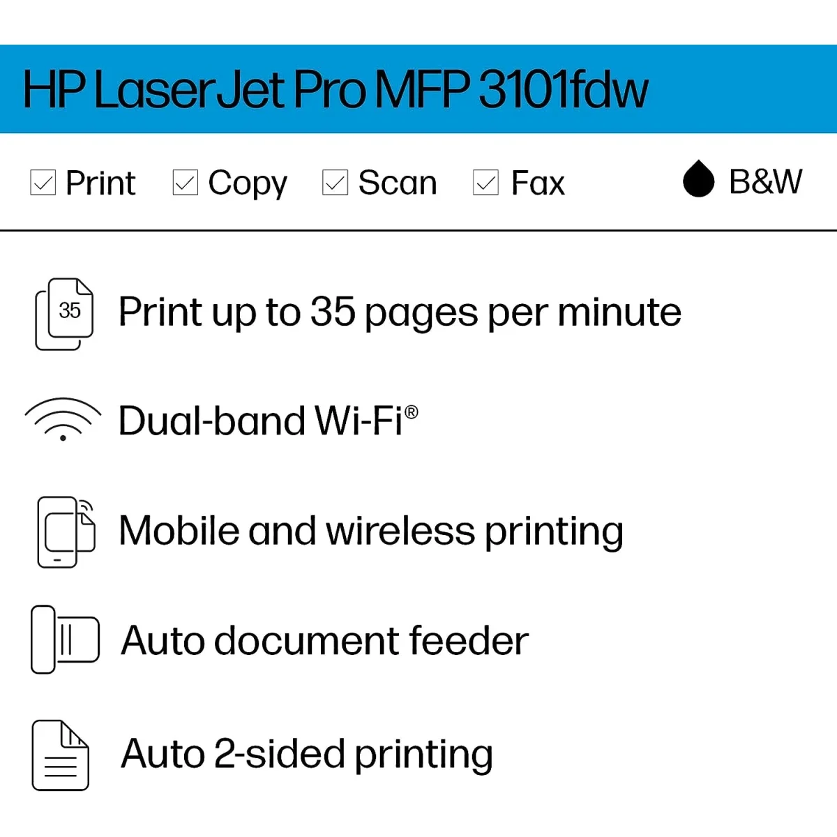 طابعة متعددة الوظائف ليزر أحادية HP LaserJet Pro MFP 3103fdw 4 في 1 لاسلكية مع طباعة على الوجهين ومغذي تلقائي أبيض - Image 2