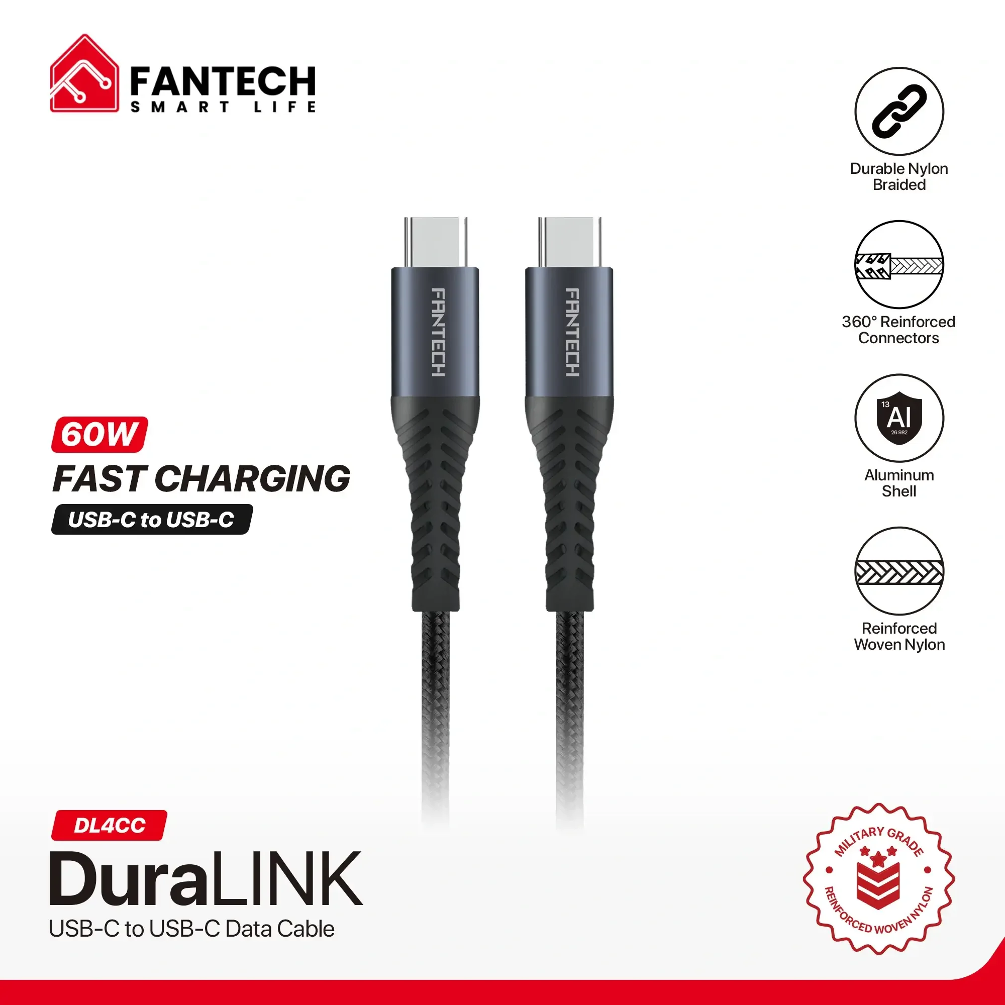 كيبل شحن ونقل بيانات Fantech DL4CC DuraLink سريع USB-C إلى USB-C بقدرة 60W - Thumbnail 3
