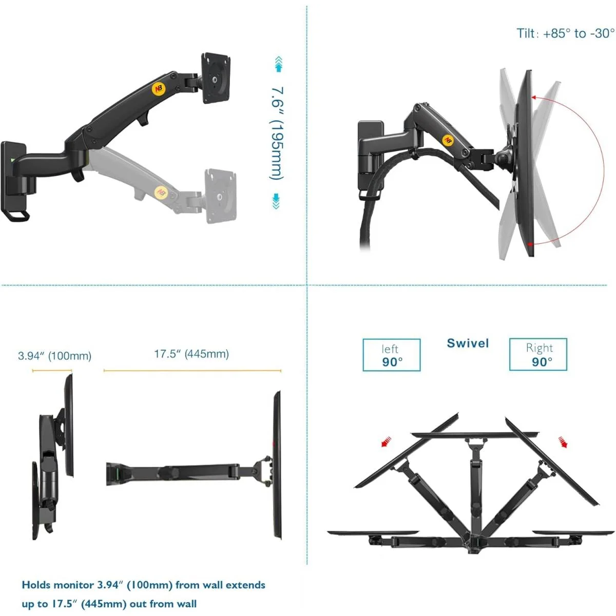 North Bayou F150 Full Motion Wall Mount for 17-35 Inch Monitors, 6.6-26.4 lb - Image 5