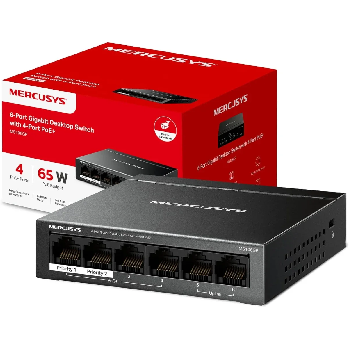 MERCUSYS MS106GP 6-Port Gigabit Switch, 4 PoE+ Ports, 65W Budget, 2 Uplinks, 250m PoE, Auto Recovery, Isolation Mode