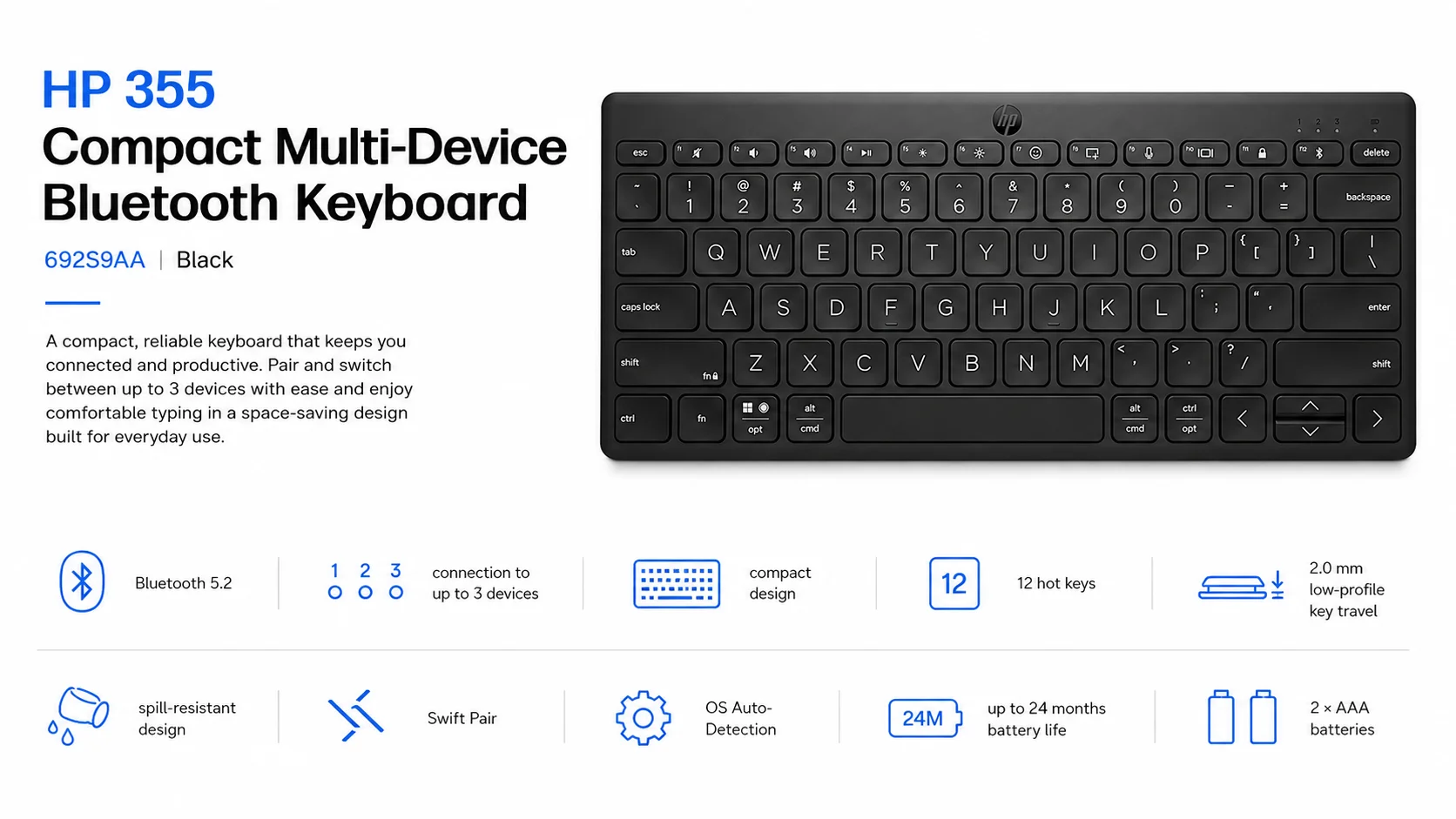 HP 355 Compact Multi-Device Bluetooth Keyboard, Black - Image 7