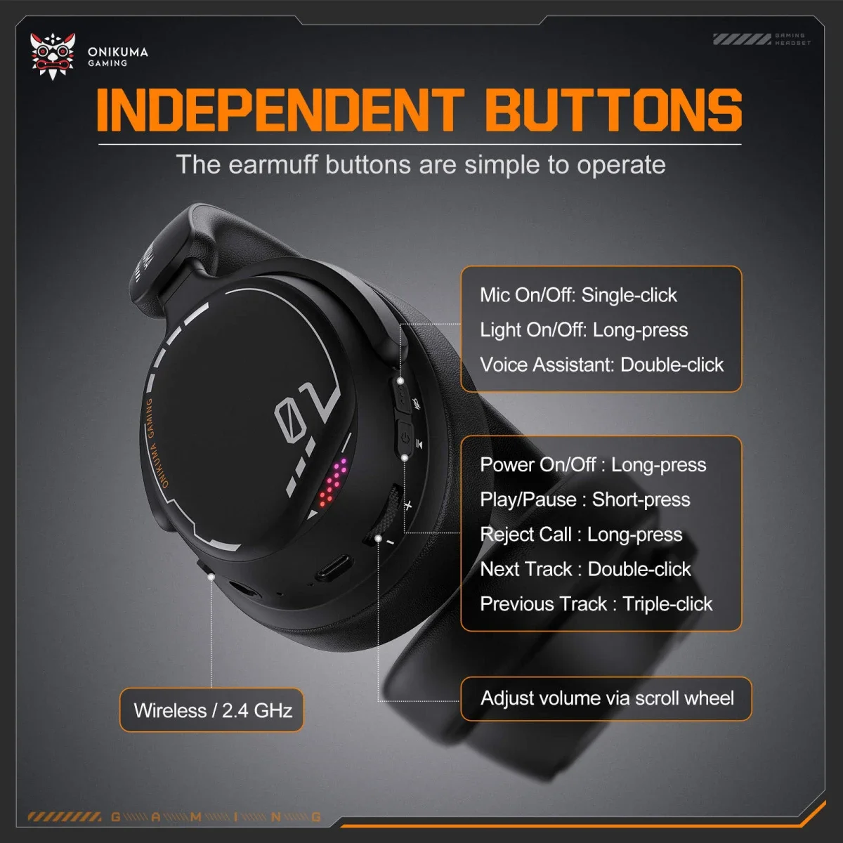 ONIKUMA GT886 Tri-Mode Wireless Gaming Headset with 2.4GHz, Bluetooth 5.3 & 3.5mm AUX - Black - Image 3