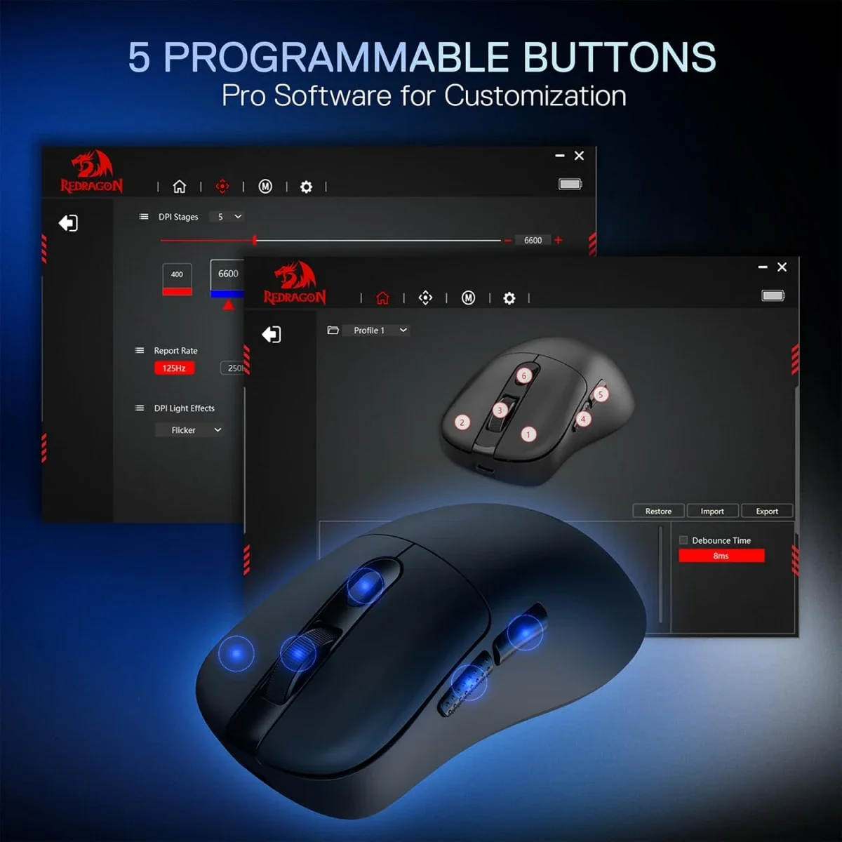 Redragon M998 Lightweight Tri-Mode Wireless Gaming Mouse with RGB Charging Dock, 24000 DPI, Black - Thumbnail 6