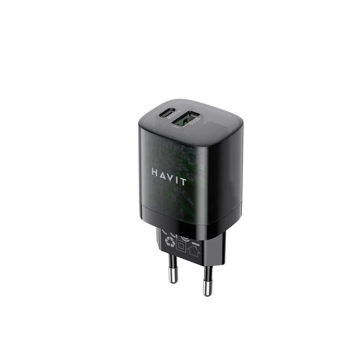 HAVIT UC303 EU 30W 2-Port Travel Charger with USB-C PD & USB-A QC 3.0 - Black