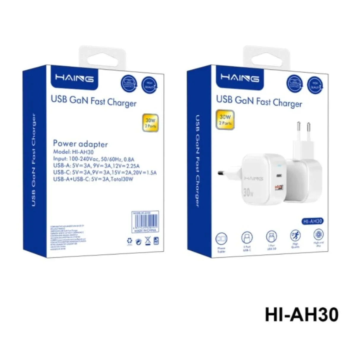 شاحن حائط سريع HAING GaN بقدرة 30 واط مع منافذ USB-A وUSB-C