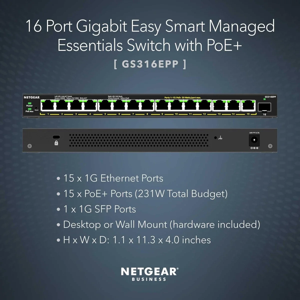 سويتش NETGEAR GS316EPP ذكي سهل الإدارة 16 منفذ جيجابت PoE+ مع SFP بسرعة 1G وقدرة 231W - Thumbnail 2