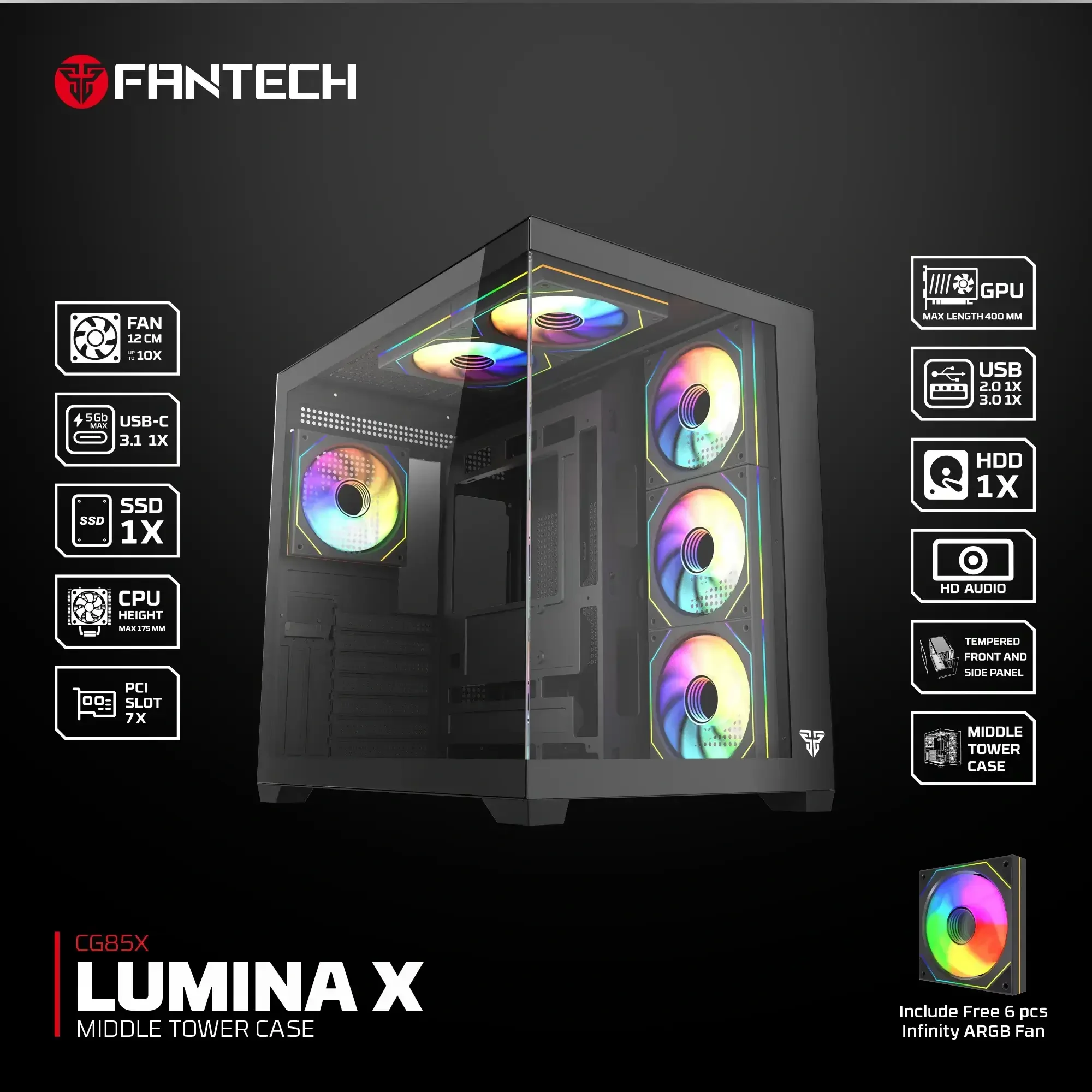 كيس ألعاب Fantech CG85X Lumina X ميد تاور أسود مع 6 مراوح ARGB - Image 3