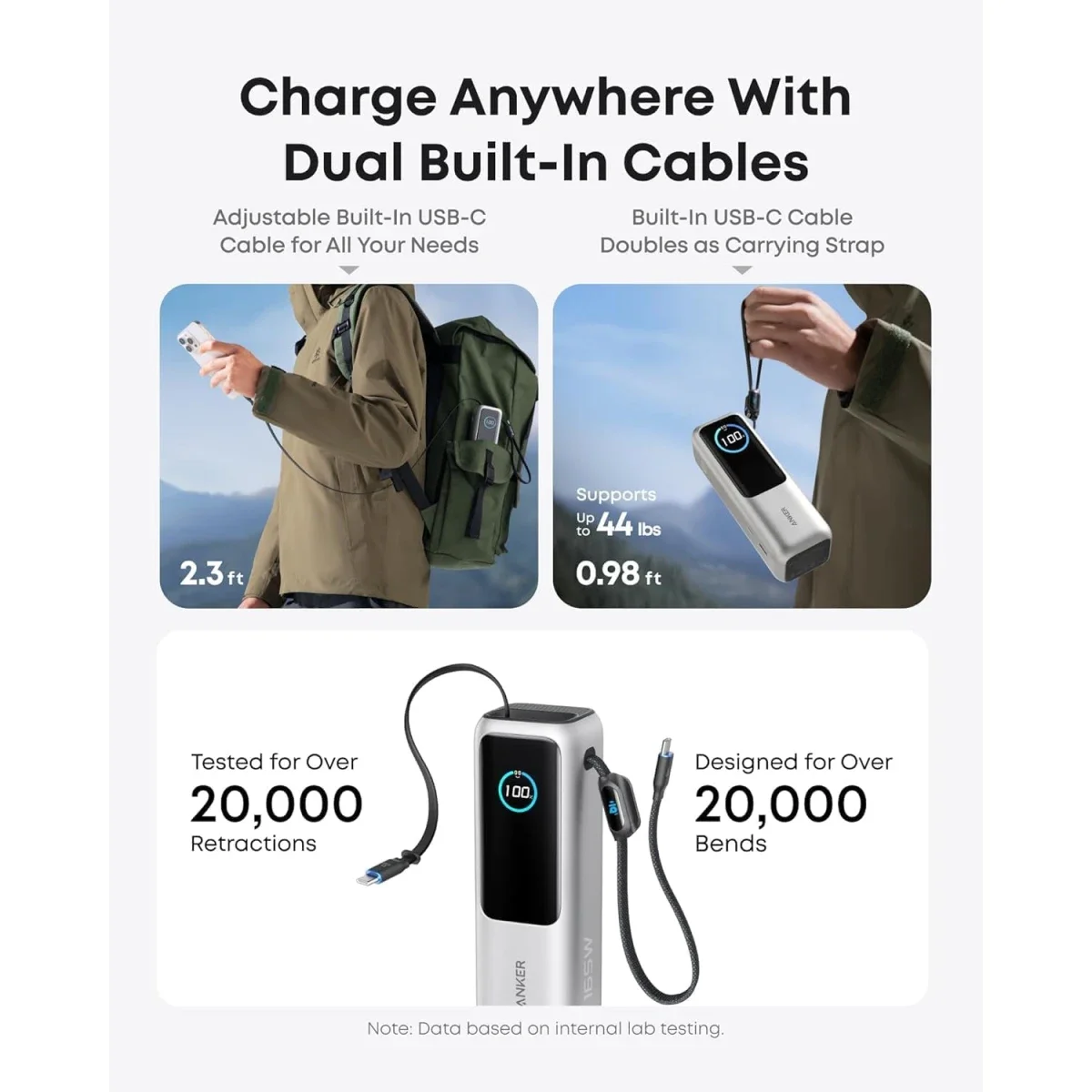 باور بانك Anker Zolo 165W بسعة 25,000mAh شاحن محمول مع 3 منافذ USB-C بقدرة 100W وكابلات مدمجة وقابلة للسحب - Silver - Image 5