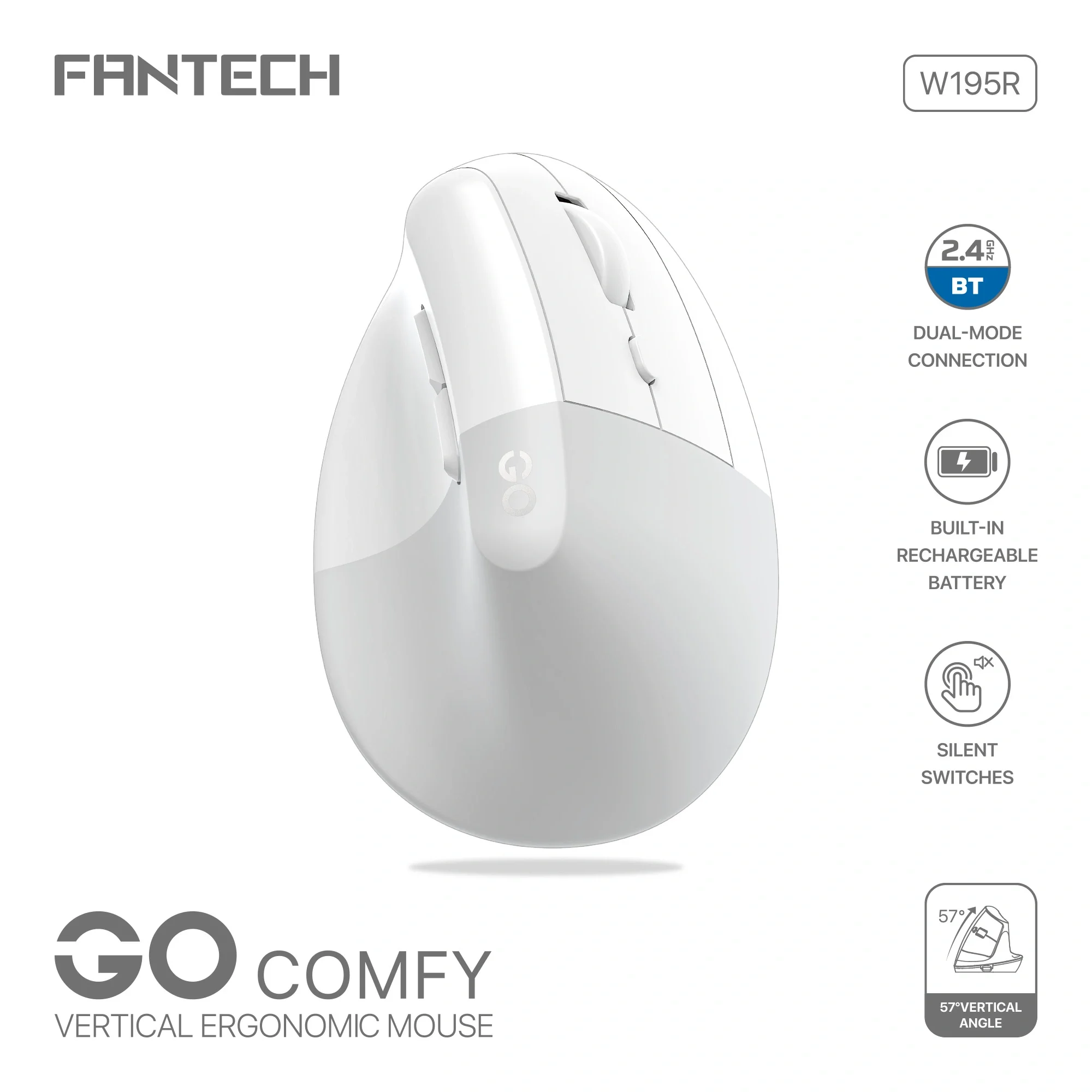 ماوس عمودي مريح Fantech W195R GO COMFY لاسلكي وبلوتوث - أبيض - Thumbnail 4