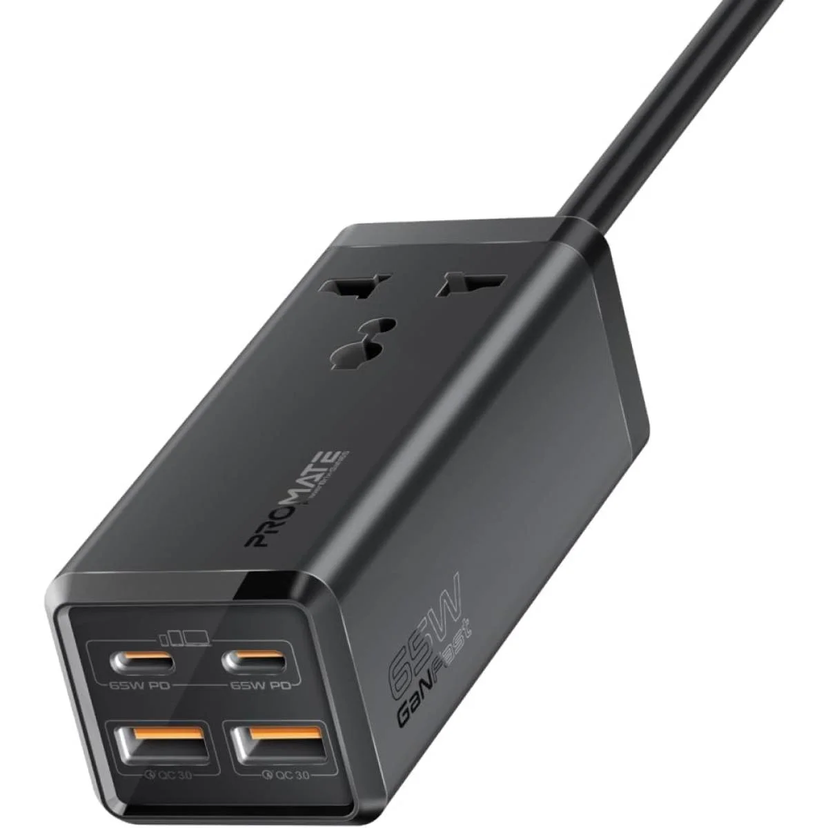 Promate PowerBrix-GaN65 65W GaNFast 5-in-1 Power Strip with 2500W AC Socket & 2m Cable