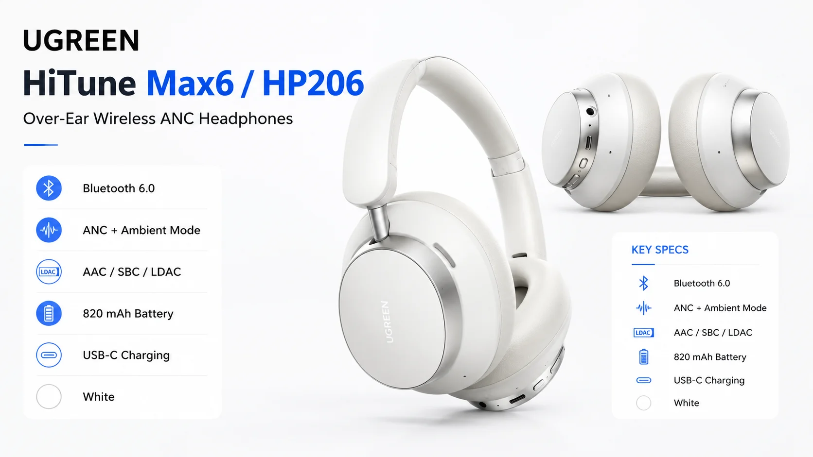 سماعات رأس Ugreen HiTune Max6 HP206 لاسلكية فوق الأذن مع إلغاء ضوضاء تكيفي، أبيض - Thumbnail 10