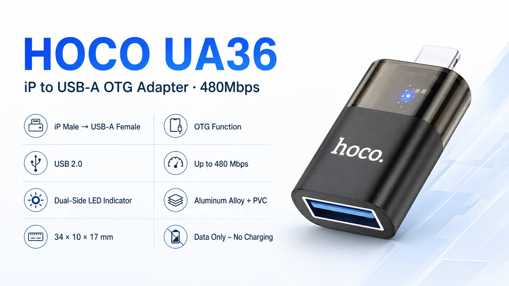 محول HOCO UA36 من Lightning إلى USB-A OTG بسرعة 480Mbps - Thumbnail 5