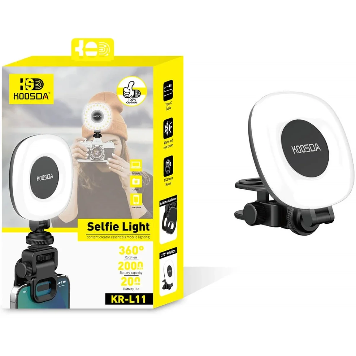 KOOSDA KR-L11 Rechargeable LED Selfie Fill Light, Clip-On, 9 Brightness Levels, 3 Color Modes