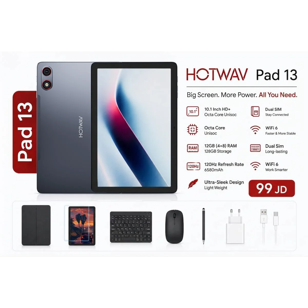 تابلت HOTWAV Pad 13 أندرويد 16 بشاشة HD 10.1 إنش 120Hz، رام 4GB + 8GB، 128GB، رمادي