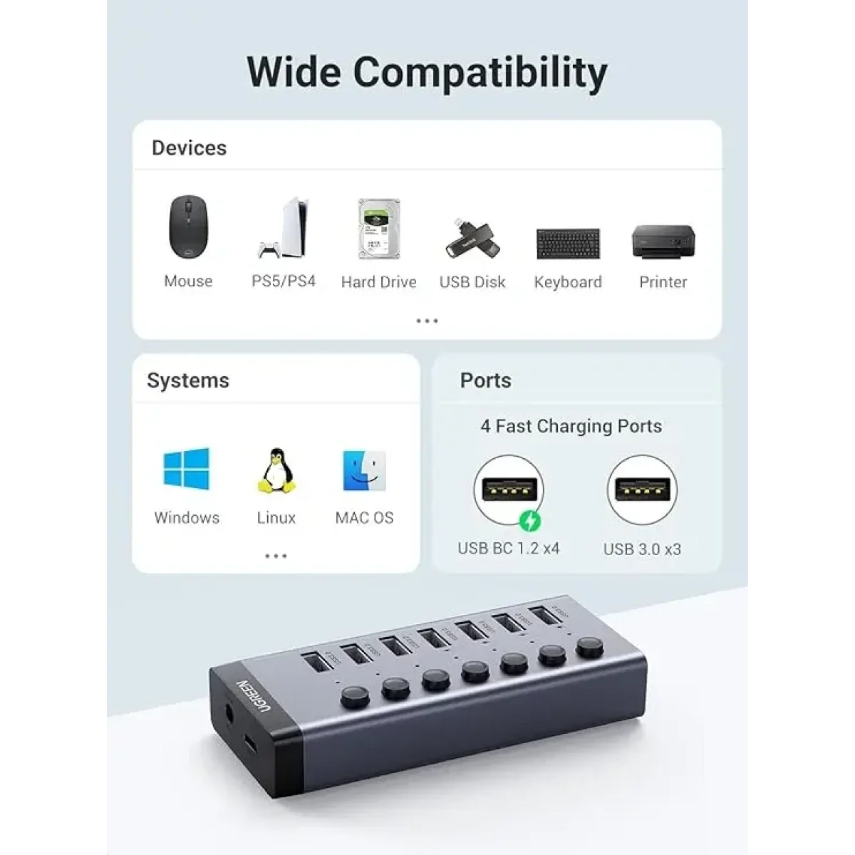 موزع Ugreen USB 3.0 مزود بالطاقة 7 منافذ مع 4 منافذ شحن ذكية ومفاتيح فردية - Thumbnail 4