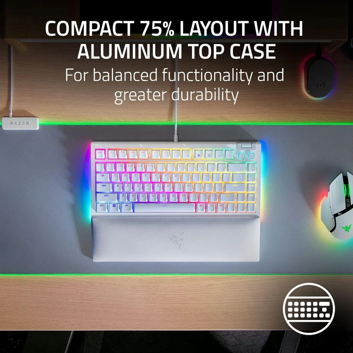 Razer BlackWidow V4 75% Hot-Swappable Mechanical Gaming Keyboard with Orange Tactile Switches - White - Thumbnail 3