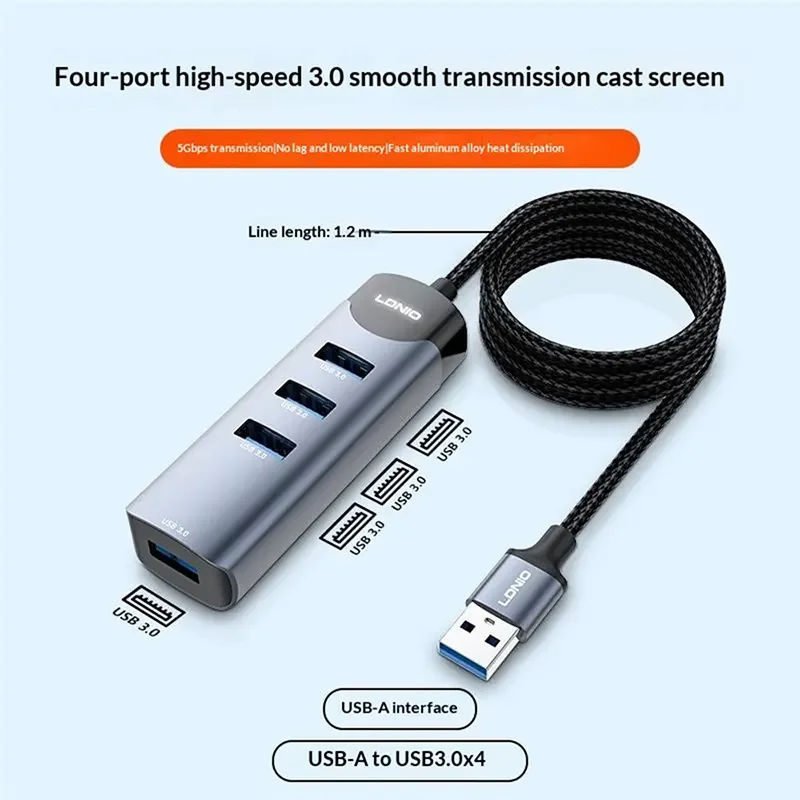 موزع USB LDNIO DS-134U-1.2M 4 في 1 بمدخل USB-A و4 منافذ USB 3.0، سرعة 5Gbps، كابل 1.2 متر، توصيل وتشغيل لأجهزة Mac وWindows وAndroid - Image 2