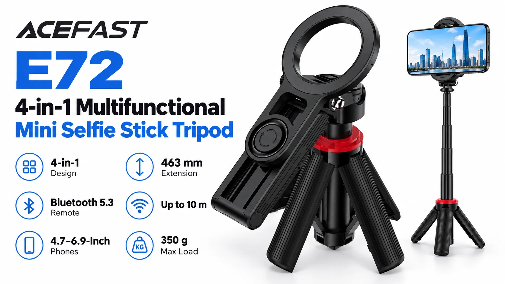 ACEFAST E72 4-in-1 Multifunctional Mini Selfie Stick Tripod - Black - Image 10