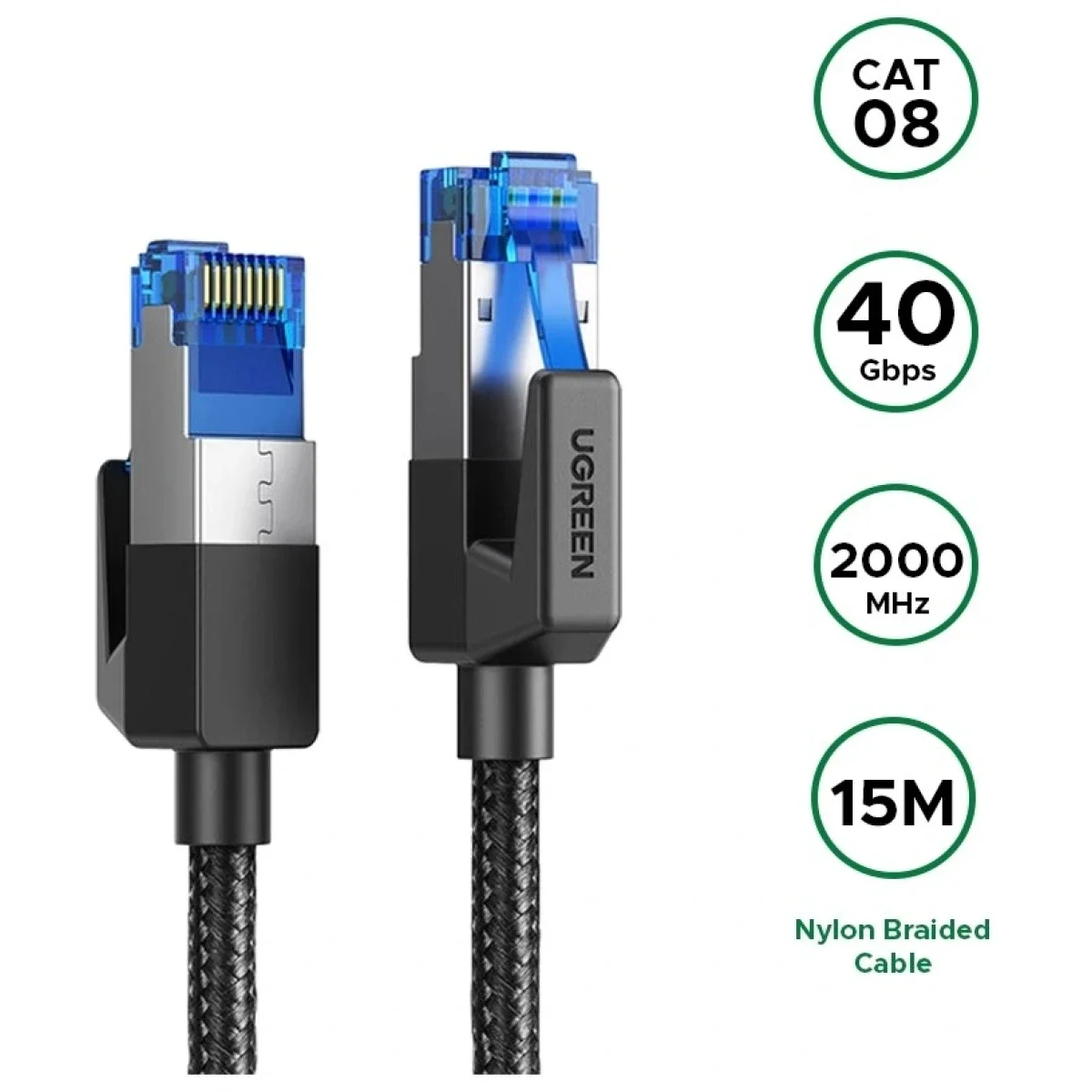 كيبل إيثرنت Ugreen NW153 Cat 8 مضفر RJ45 بطول 15 متر أسود - Image 2