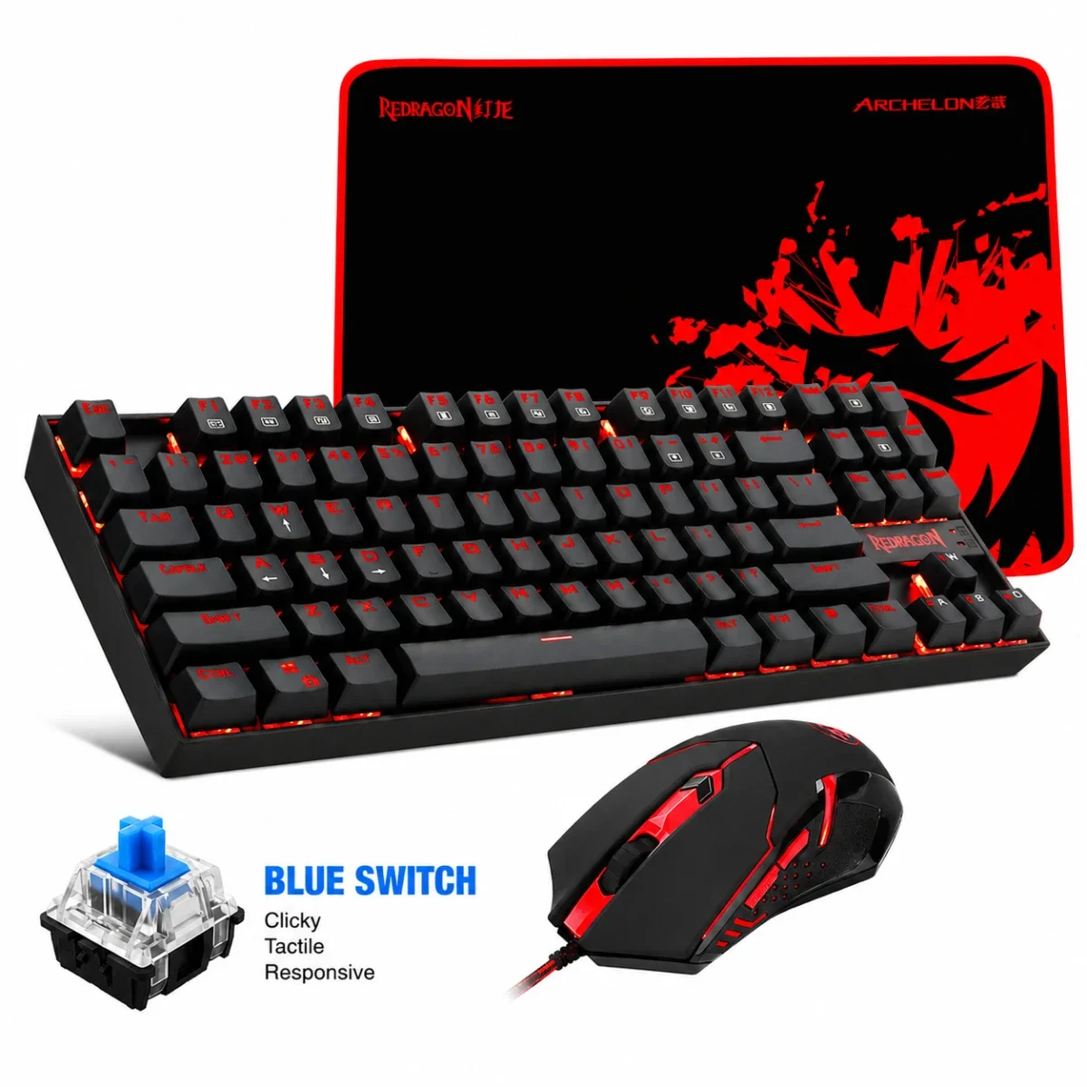 طقم كيبورد ميكانيكي وماوس وباد ماوس XL للألعاب Redragon K552-BA بسويتش أزرق