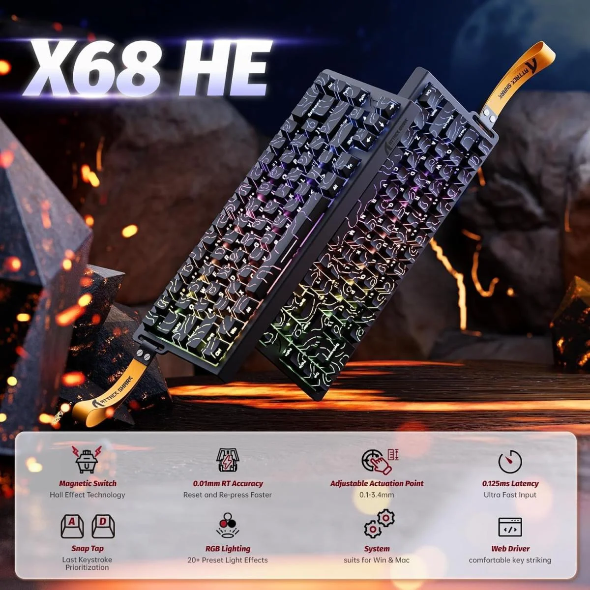 كيبورد ألعاب ATTACK SHARK X68 HE سلكي 60% بمفاتيح مغناطيسية Hall Effect، Black Contour - Thumbnail 3