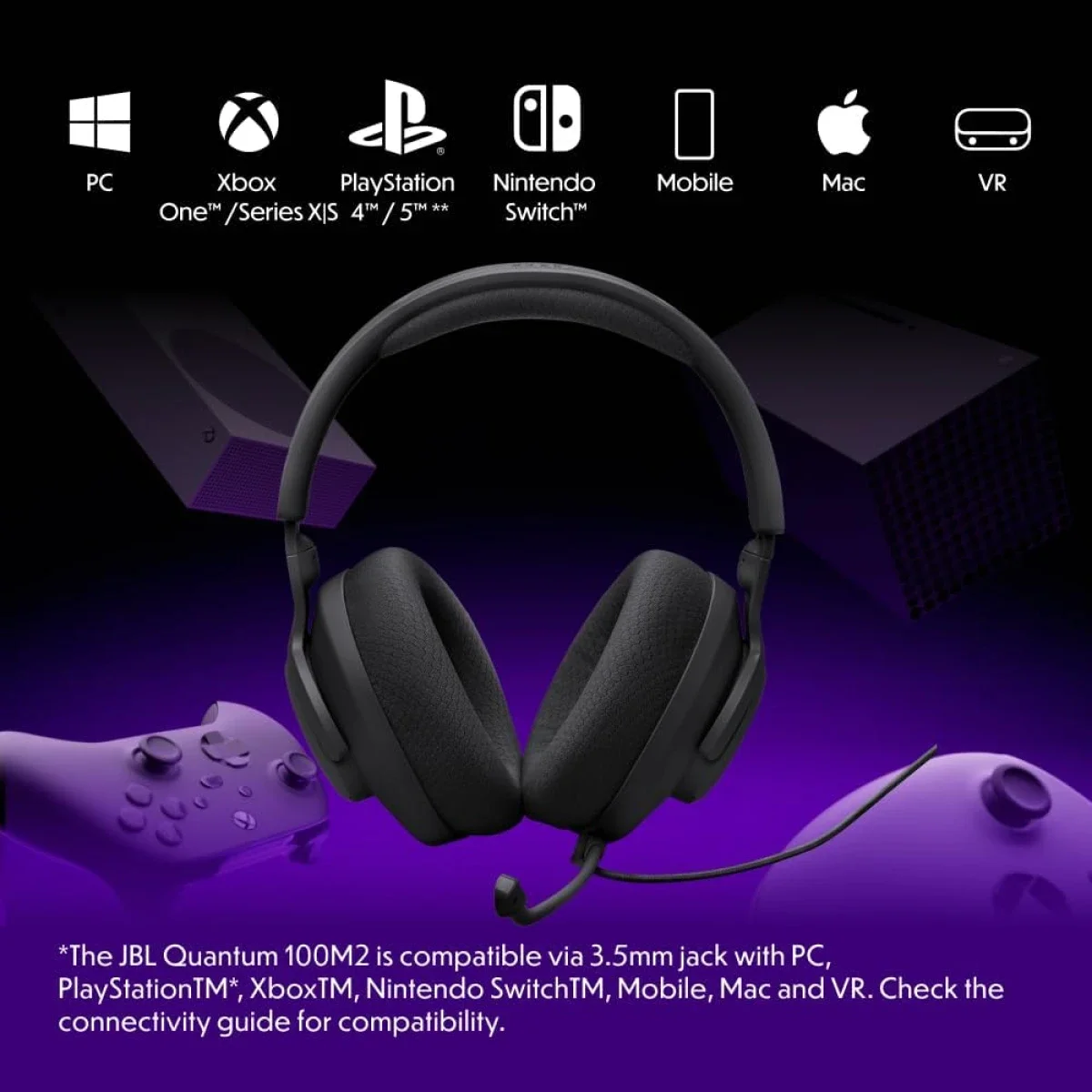 سماعة ألعاب JBL Quantum 100M2 سلكية بمحركات 40 مم وميكروفون بوم قابل للفصل وكابل 1.2 متر - أسود - Thumbnail 4
