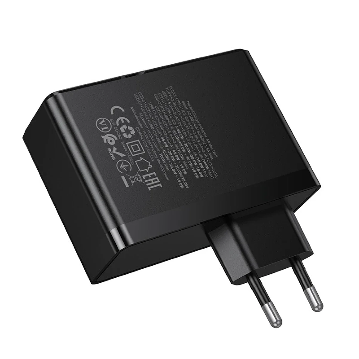 شاحن جداري HOCO N85 Vigoroso GaN سريع 100 واط بأربعة منافذ مع كابل USB-C بطول 2 م - أسود - Image 5