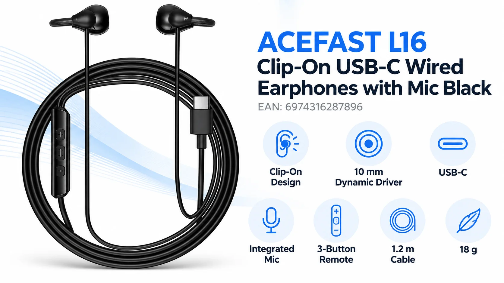 سماعات أذن ACEFAST L16 سلكية USB-C بتصميم مشبك مع مايك - أسود - Thumbnail 10