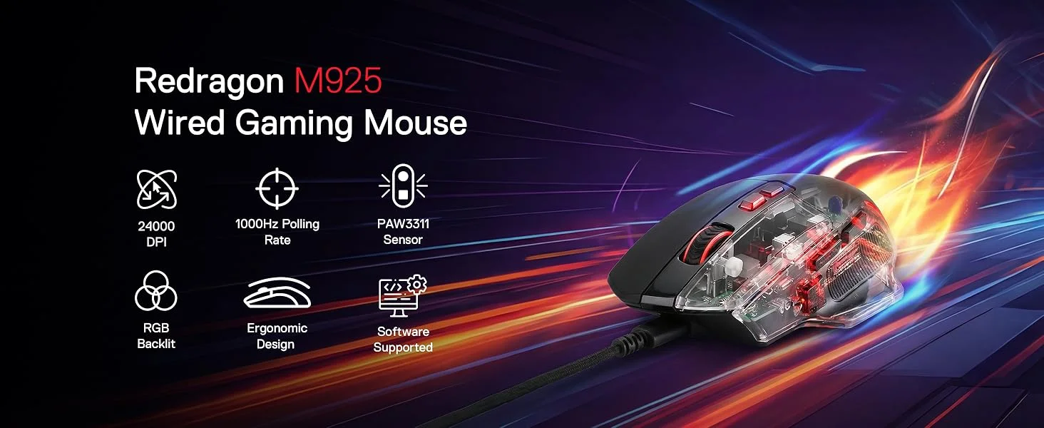 Redragon M925 Wired Gaming Mouse, 24000 DPI, 10 Programmable Buttons, Black - Thumbnail 9