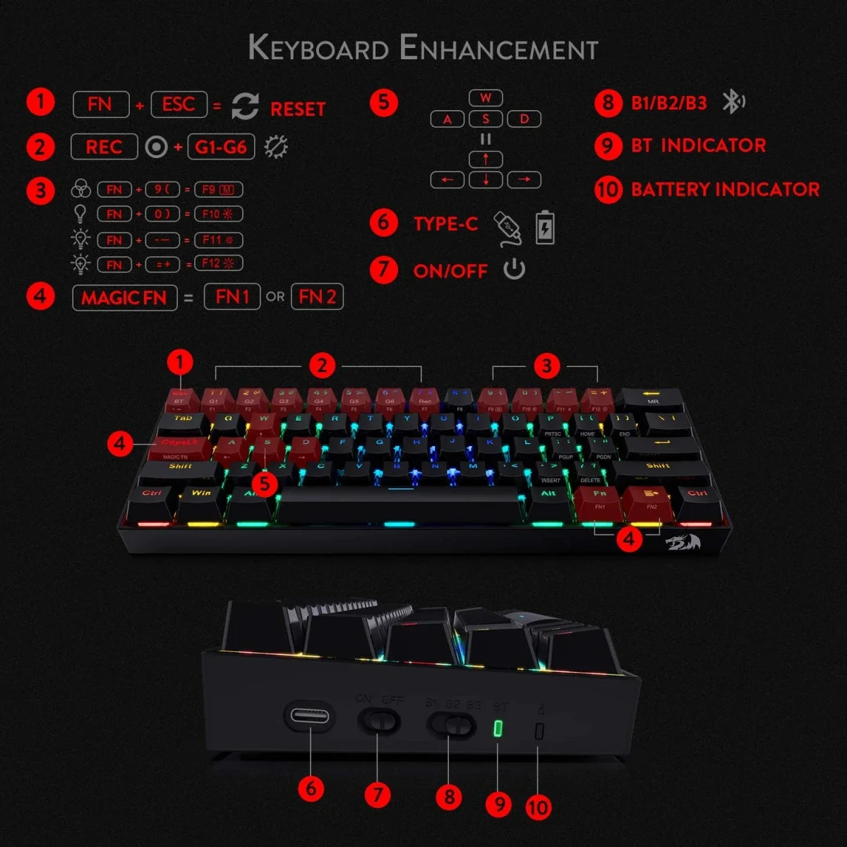 Redragon K530 Pro Draconic 60% Wireless RGB Mechanical Gaming Keyboard, 61 Keys, Brown Switches, Black - Thumbnail 4