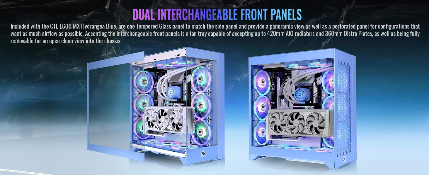 هيكل كمبيوتر Thermaltake CTE E600 MX E-ATX ميد تاور مع حامل بطاقة رسومية عائم ثلاثي الاتجاهات وكابل PCIe 4.0 بطول 400 مم - Hydrangea Blue - Thumbnail 10