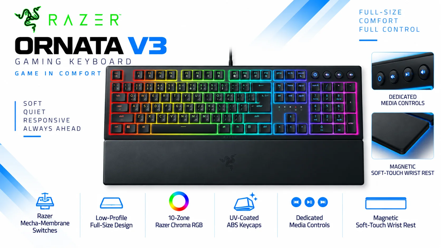 Razer Ornata V3 Low-Profile Gaming Keyboard, Mecha-Membrane, 10-Zone RGB, Spill-Resistant, Magnetic Wrist Rest - Arabic/English - Image 8