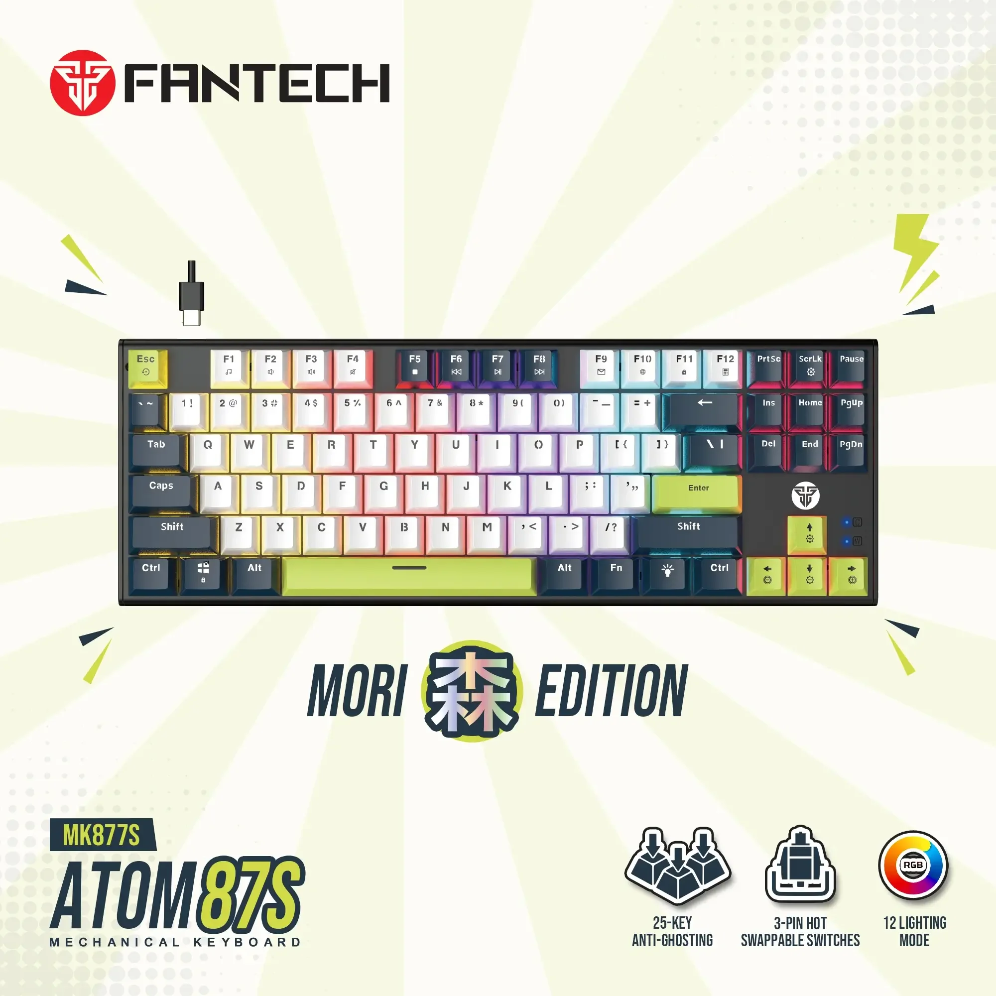 Fantech ATOM87S MK877S Mechanical Gaming Keyboard Mori Edition White - Image 2