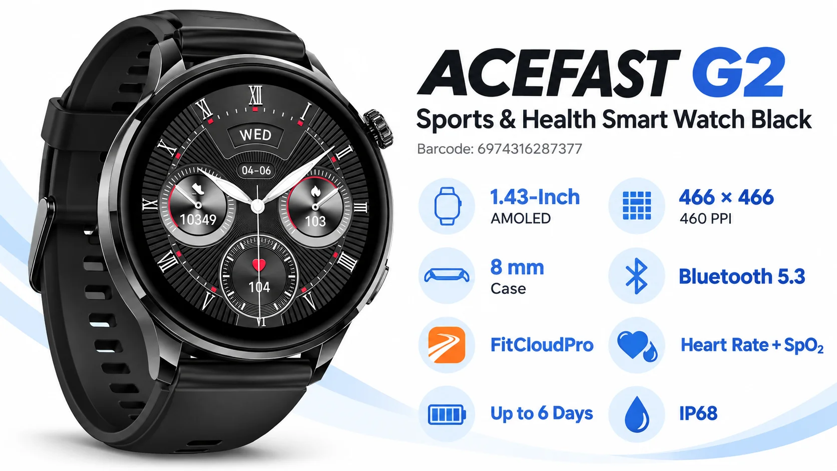 ساعة ذكية ACEFAST G2 بشاشة AMOLED مقاس 1.43 إنش للرياضة والصحة - أسود - Thumbnail 8