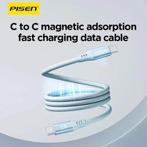كيبل Pisen CC-FC22-1000 مغناطيسي مجدول USB-C إلى USB-C، 60 واط، 1 متر، أزرق