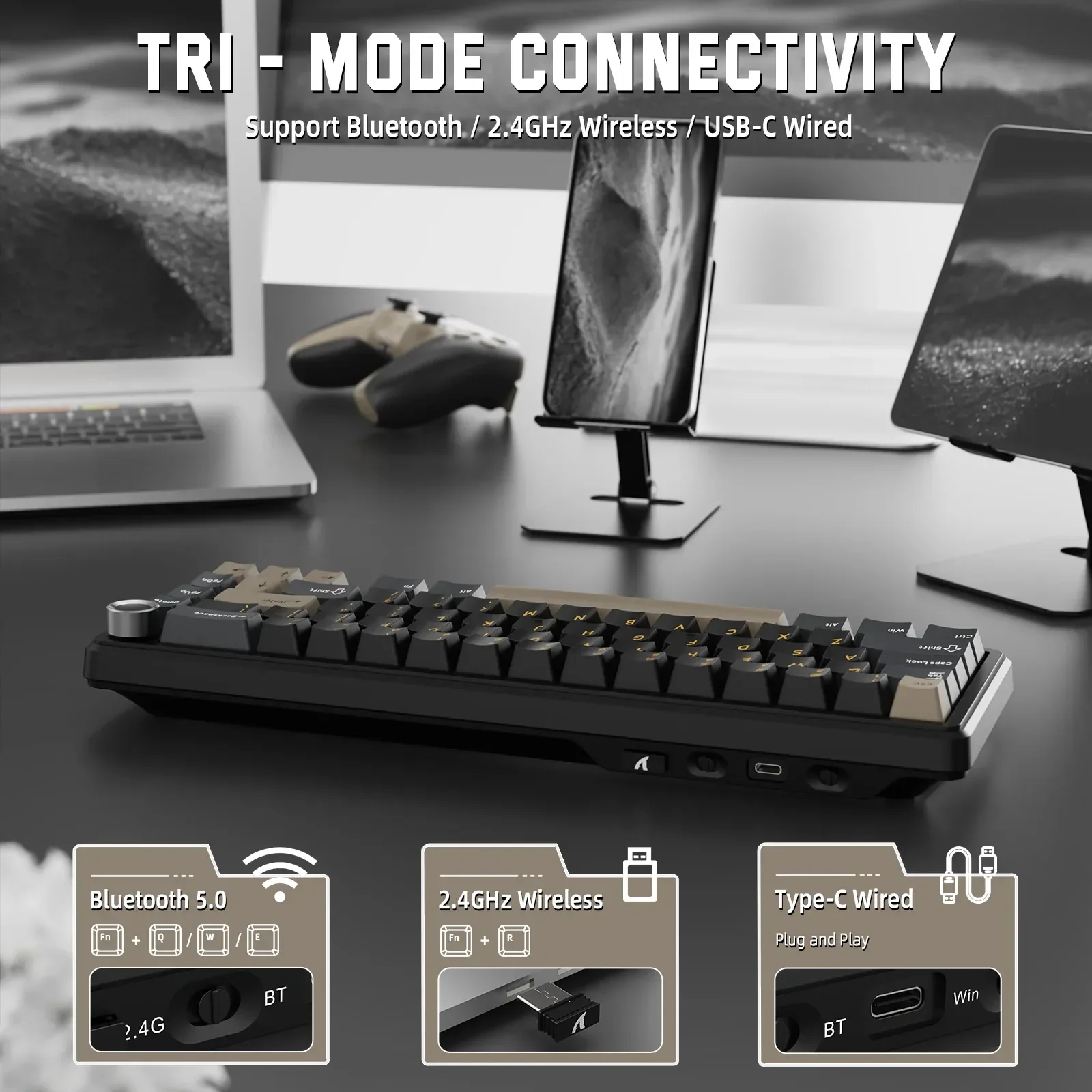 ATTACK SHARK X66 Wireless Mechanical Keyboard, Side-Printed PBT Keycaps, Blueberry Switches – Black - Image 3
