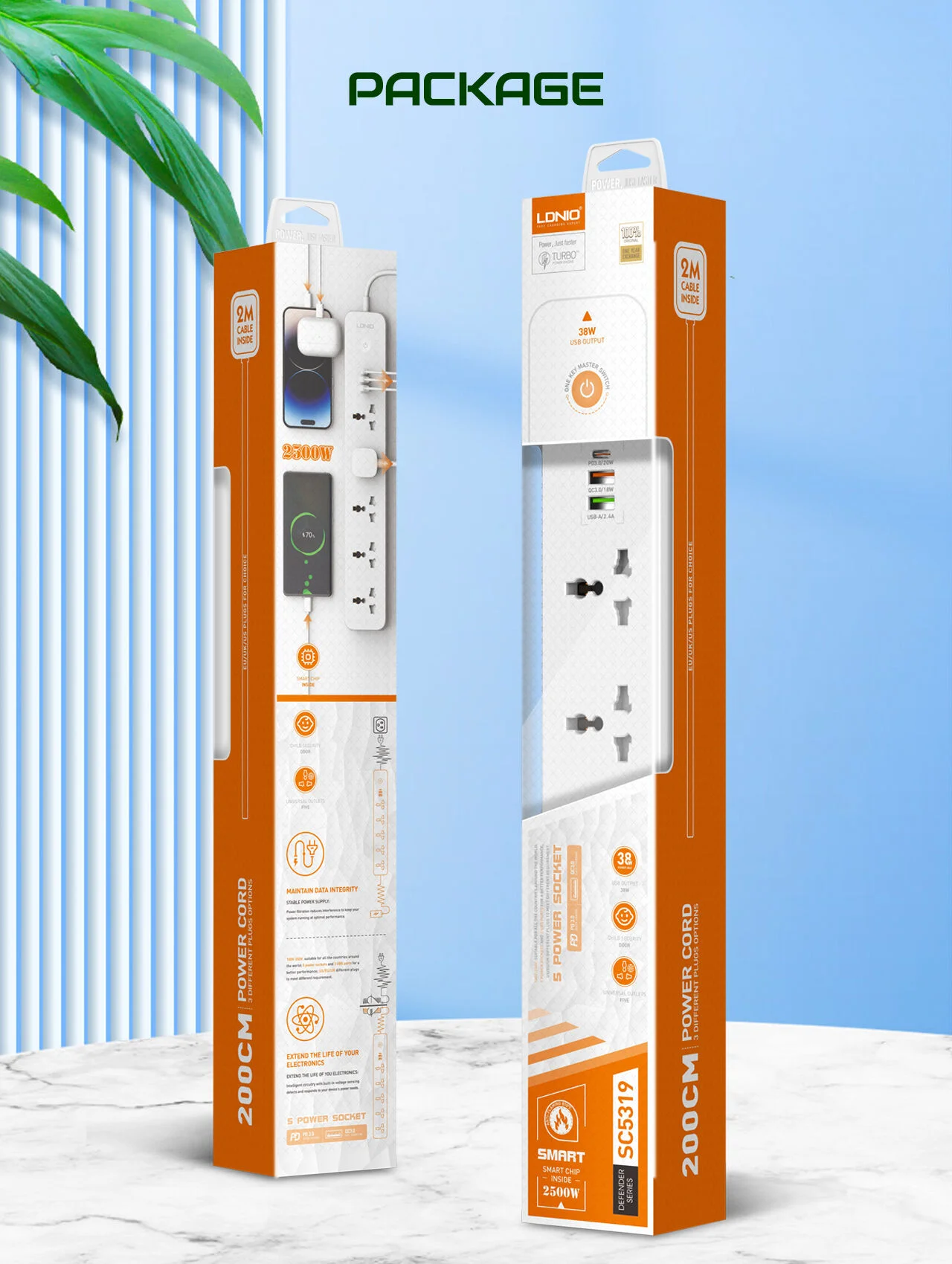 مشترك كهرباء LDNIO SC5319 مع 5 منافذ AC و3 منافذ USB وكابل 2 متر - Thumbnail 15