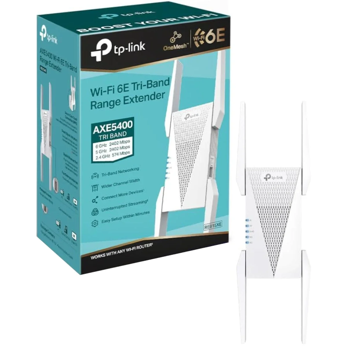 مقوي إشارة TP-LINK RE815XE AXE5400 ثلاثي النطاق Wi‑Fi 6E Mesh مع منفذ 1 جيجابت