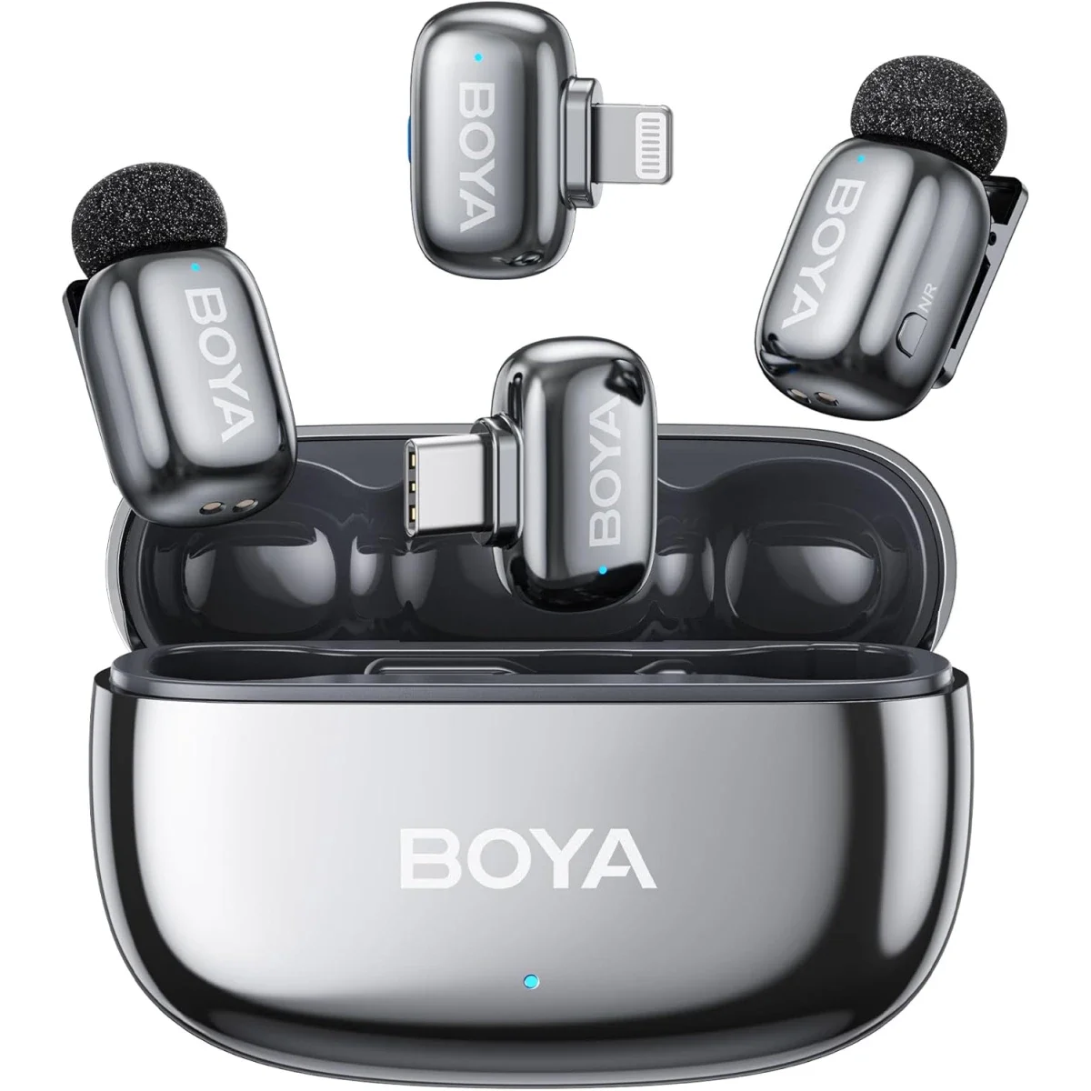 ميكروفون لافالير لاسلكي Boya mini 2-01 لهواتف iPhone وAndroid، Type-C وLightning، فضي
