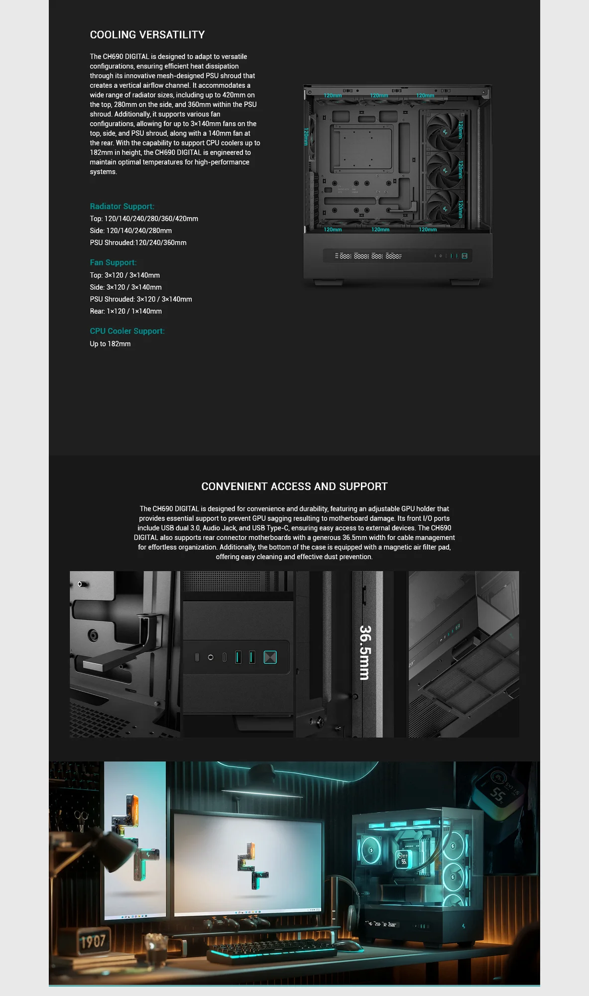 هيكل كمبيوتر DeepCool CH690 DIGITAL ميد تاور مع لوحة زجاجية جزئية وشاشة رقمية ودعم راديتر 420 مم أبيض - Thumbnail 11