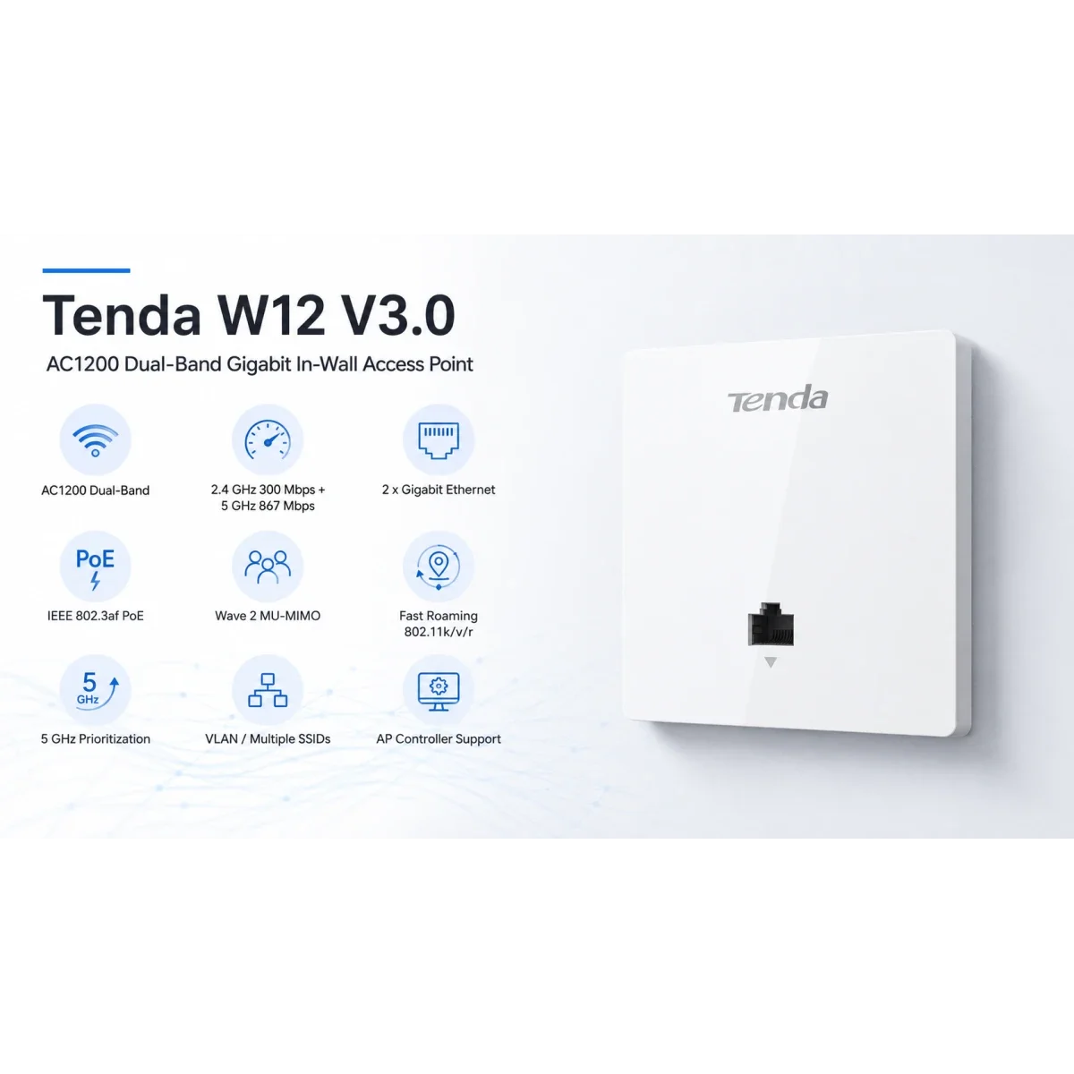 نقطة وصول داخل الحائط Tenda W12 AC1200 مزدوجة النطاق مع جيجابت - Image 5
