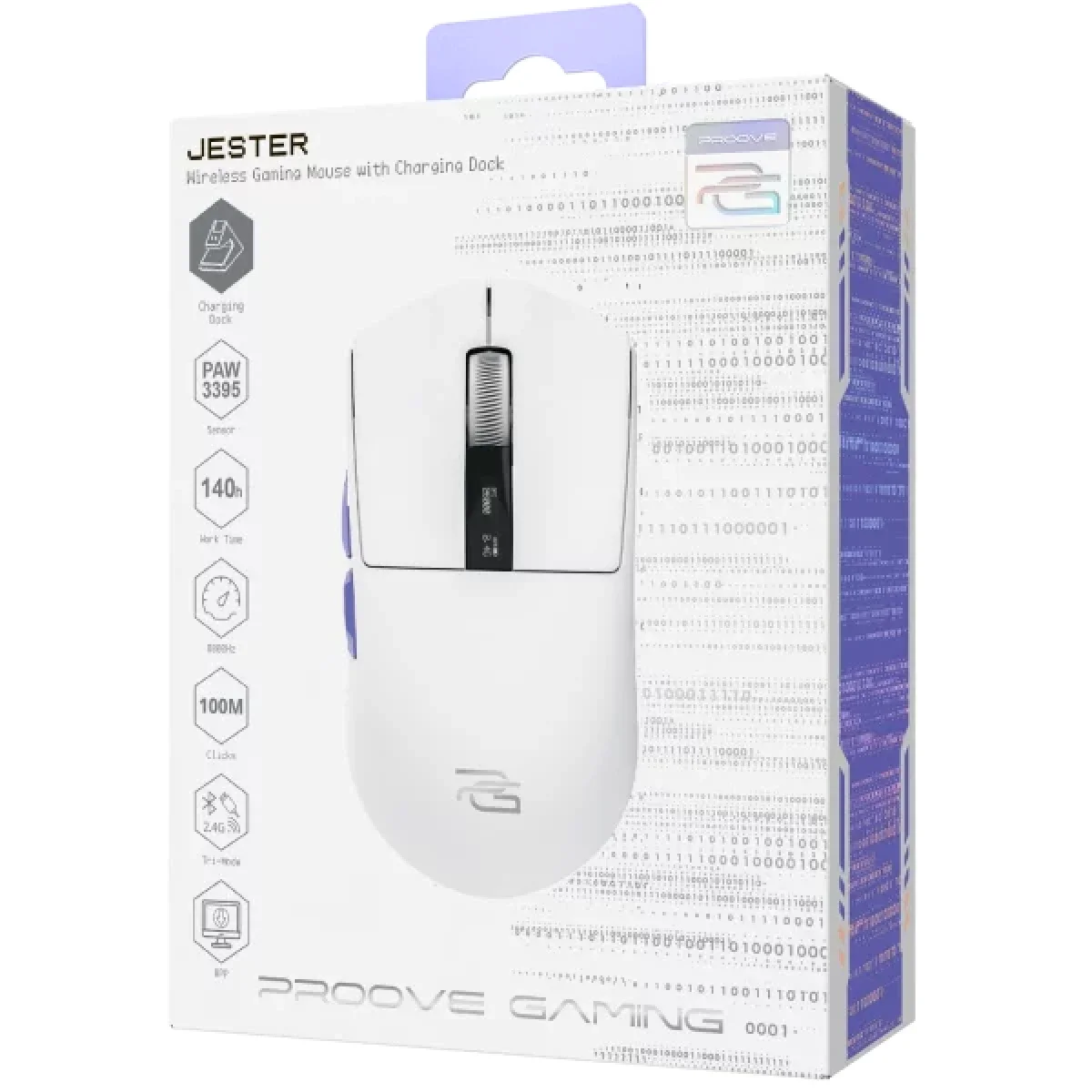 ماوس ألعاب لاسلكي Proove Gaming Jester 8K ثلاثي الوضع بدقة 26000 DPI مع قاعدة شحن أبيض/بنفسجي - Image 6