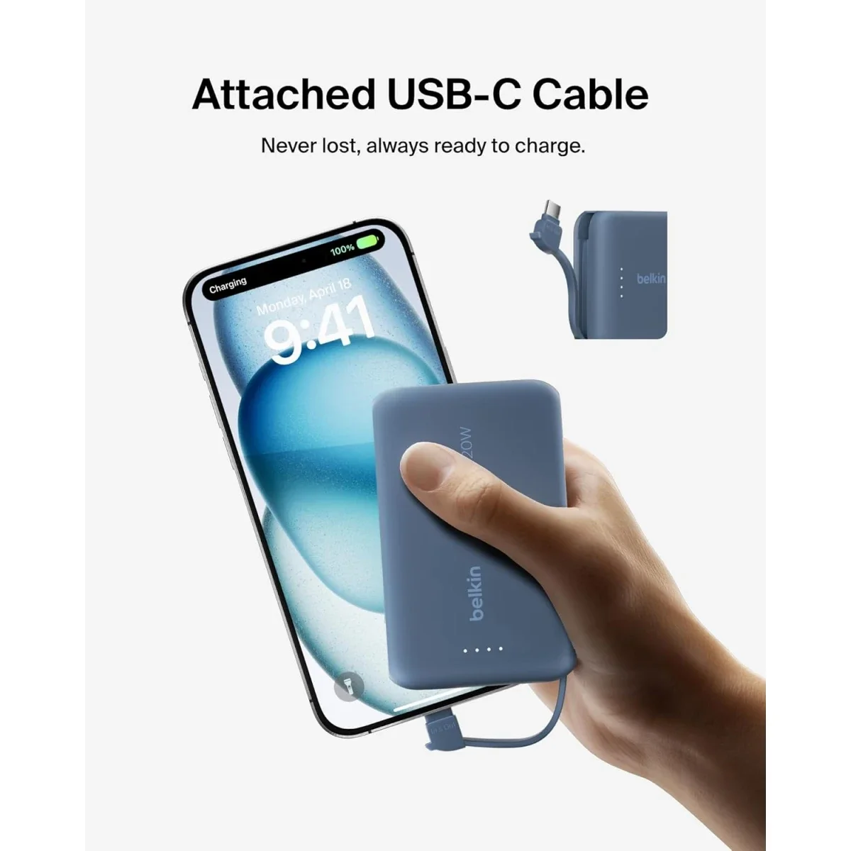 باور بانك Belkin BoostCharge بسعة 10000mAh مع كابل USB-C مدمج وشحن PD بقوة 20W - أزرق - Thumbnail 7