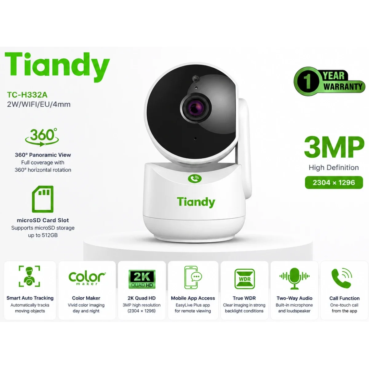 كاميرا مراقبة داخلية Tiandy TC-H332A 9DA-4 بدقة 3MP مع Wi-Fi وتحريك PT وتتبع تلقائي