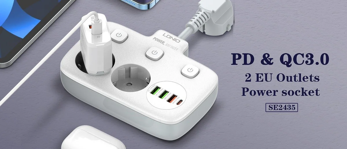 مشترك كهربائي محمول LDNIO SE2435 بمنفذين AC وشحن USB-C PD بقدرة 20W - أبيض - Thumbnail 7