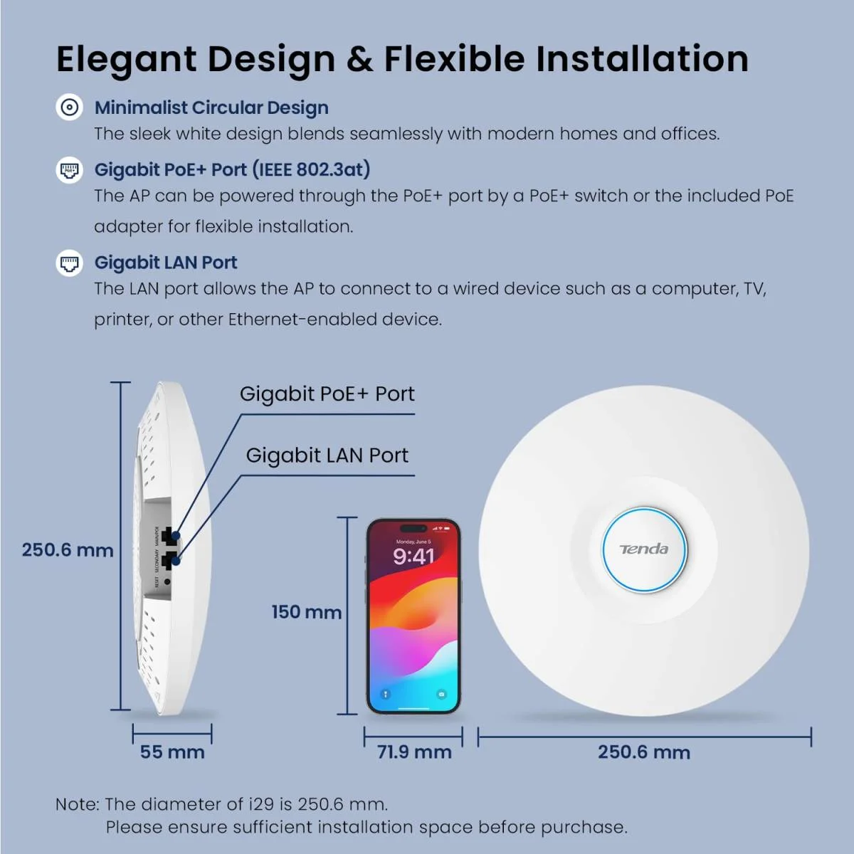 نقطة وصول سقفية Tenda i29 AX3000 Wi-Fi 6 ثنائية النطاق بسرعة 3000Mbps وعرض 160MHz - Image 5