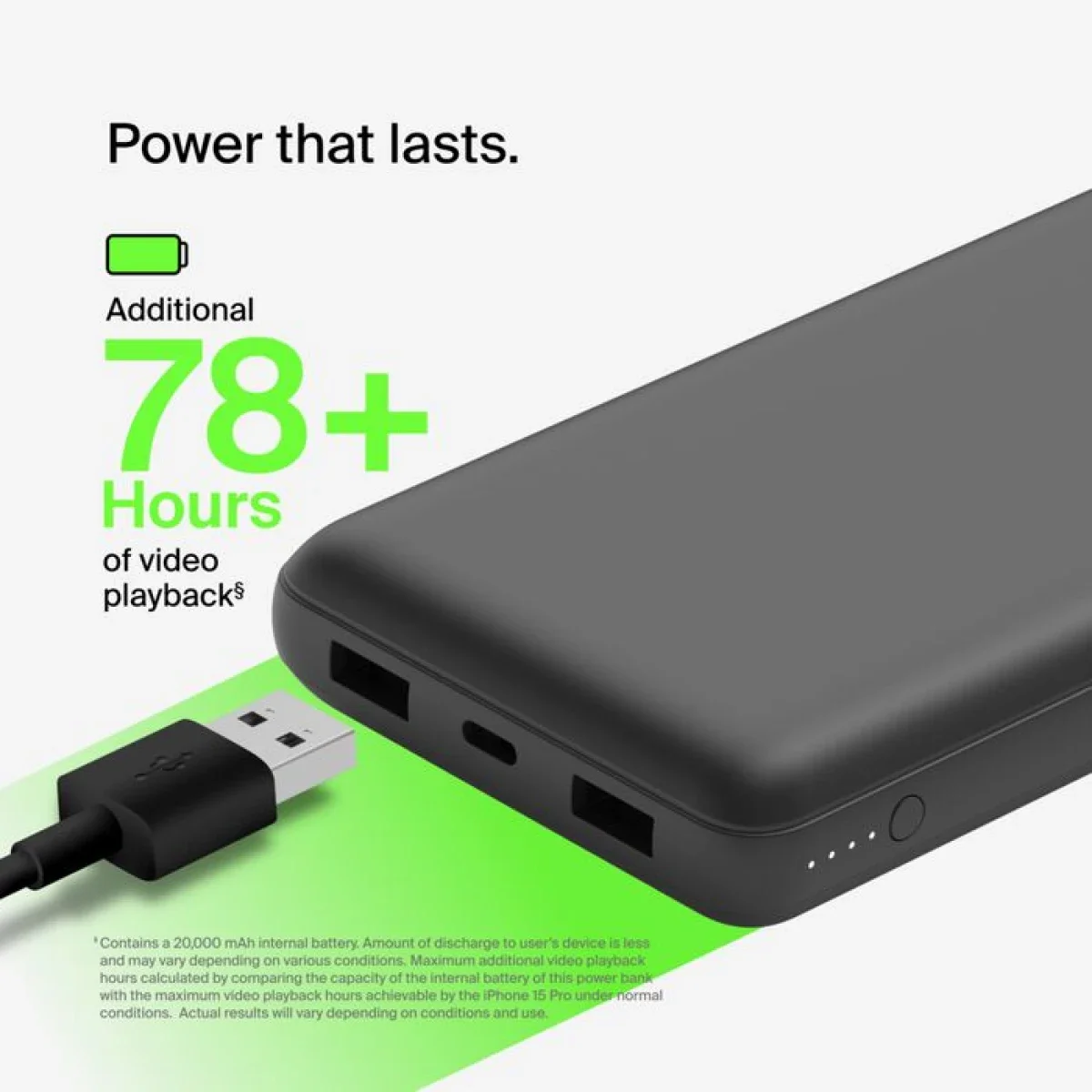 Belkin BPB012BTBK BoostCharge 20,000mAh USB-C Power Bank with 2 USB-A Ports, 15W, Black - Thumbnail 3