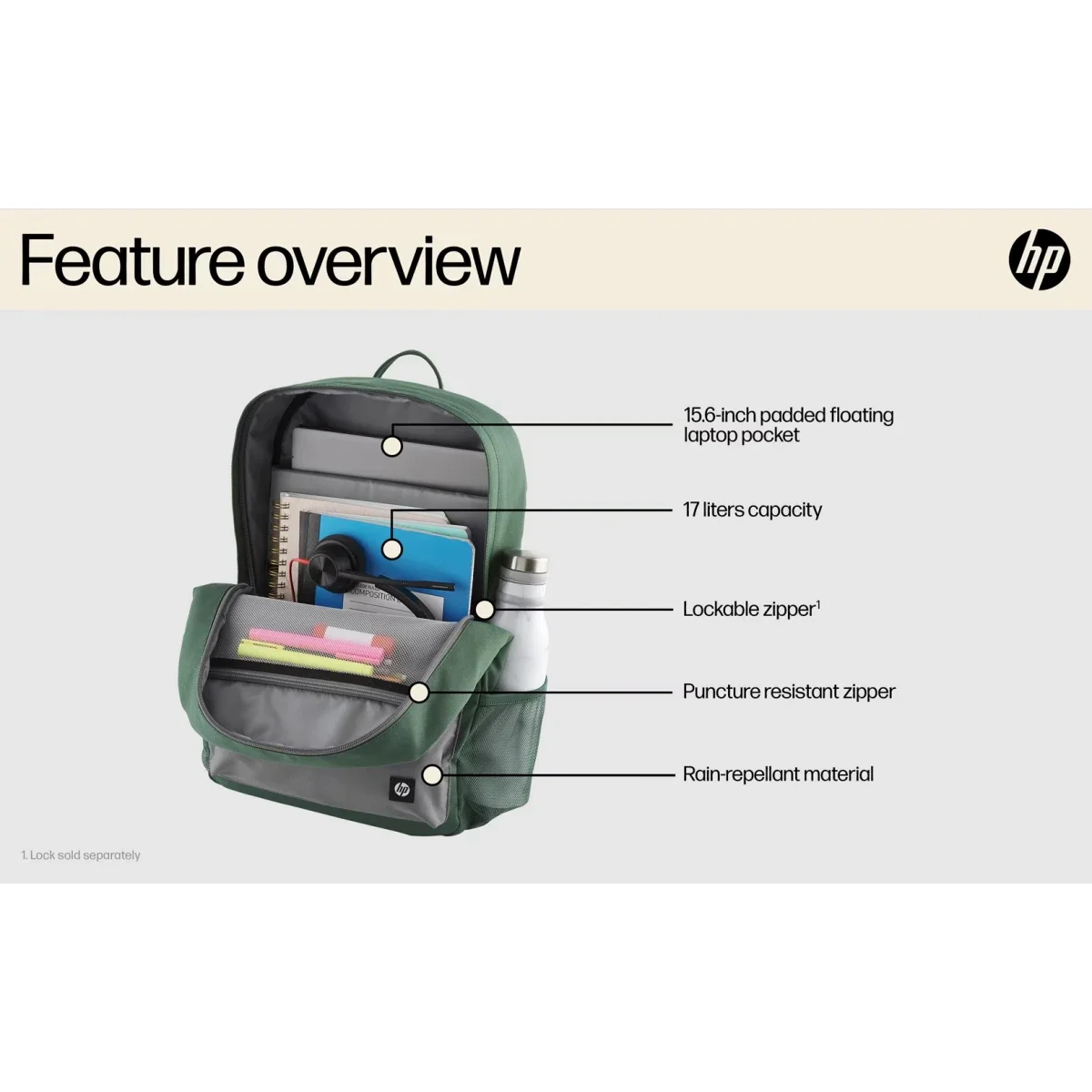 HP Campus Backpack for 15.6 Inch Laptop 17L Water Resistant - Green - Image 3
