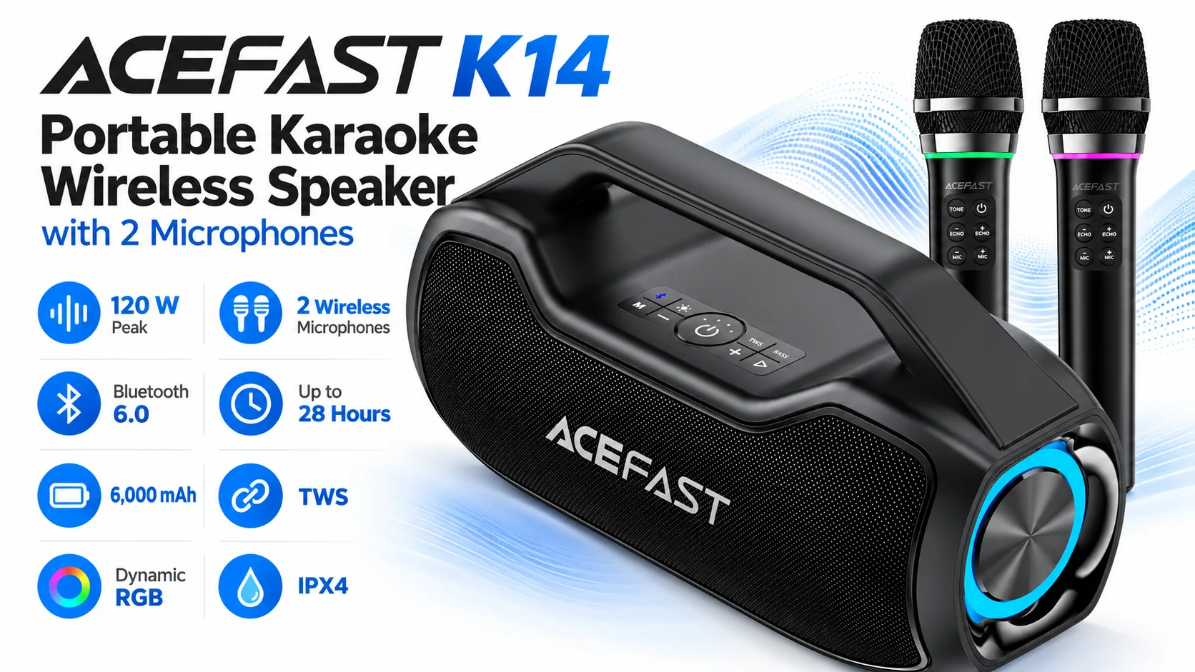 ACEFAST K14 120W Portable Wireless Karaoke Speaker with 2 Microphones - Black - Image 10