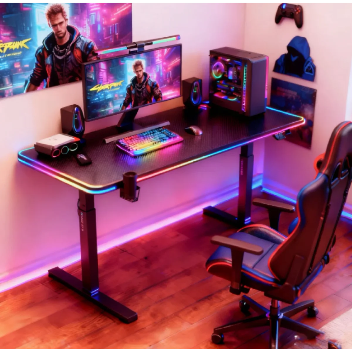 مكتب ألعاب GameMax D140 Carbon EC2 كهربائي 140x60 سم بسطح كربون فايبر، ارتفاع قابل للتعديل 720-1170 مم، تحكم LED بذاكرة، أسود